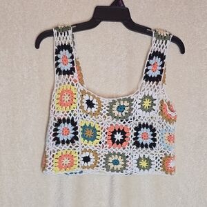 Forever 21 Crochet Granny Square Top Women's Medium Boho Festival Hippie Cropped